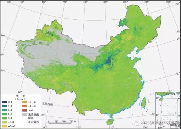 2001-2014年中国植被最大植被覆盖度变化率空间分布